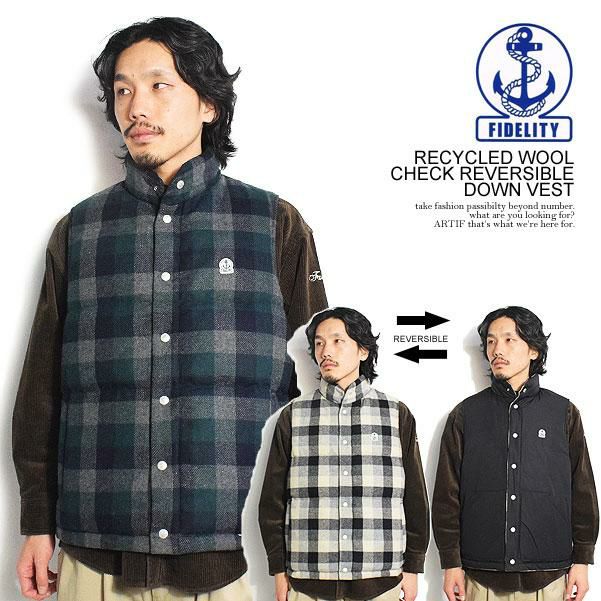 FIDELITY フィデリティ RECYCLED WOOL CHECK REVERSIBLE DOWN VEST